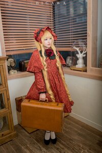 Rating: Safe Score: 0 Tags: 1girl blonde_hair blue_eyes bonnet dress flower indoors long_hair looking_at_viewer red_dress rose shinku solo standing window User: admin