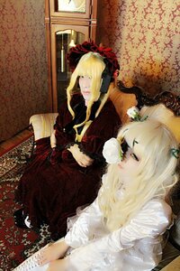 Rating: Safe Score: 0 Tags: 2girls 91076 blonde_hair bonnet dress flower indoors long_hair multiple_cosplay multiple_girls red_dress shinku sitting tagme User: admin