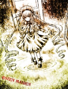 Rating: Safe Score: 0 Tags: 1girl bow copyright_name dress drill_hair image long_hair long_sleeves looking_at_viewer monochrome ringlets shinku solo standing twin_drills very_long_hair User: admin