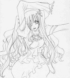 Rating: Safe Score: 0 Tags: 1girl arms_up barasuishou flower greyscale image long_hair looking_at_viewer monochrome smile solo veil very_long_hair wavy_hair User: admin