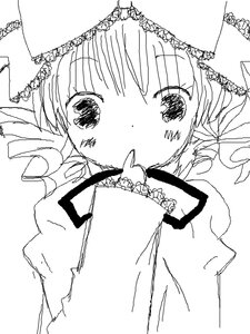 Rating: Safe Score: 0 Tags: 1girl blush dress drill_hair eating frills greyscale hina_ichigo hinaichigo image long_sleeves looking_at_viewer monochrome shinku simple_background solo twin_drills upper_body white_background User: admin