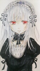 Rating: Safe Score: 0 Tags: 1girl bangs black_ribbon closed_mouth detached_collar dress expressionless eyebrows_visible_through_hair frills hairband image long_hair looking_at_viewer puffy_sleeves red_eyes ribbon silver_hair simple_background solo suigintou traditional_media upper_body User: admin