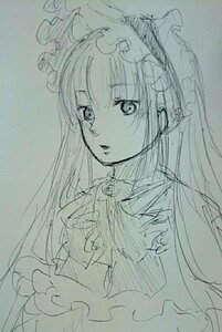 Rating: Safe Score: 0 Tags: 1girl dress eyebrows_visible_through_hair frills hat image long_hair looking_at_viewer monochrome shinku simple_background sketch solo traditional_media upper_body User: admin
