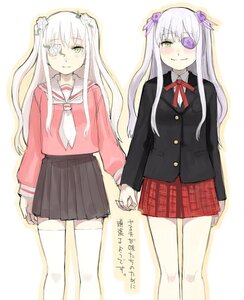 Rating: Safe Score: 0 Tags: 2girls barasuishou blush eyepatch flower green_eyes hair_flower hair_ornament holding_hands image kirakishou long_hair multiple_girls pair school_uniform serafuku skirt smile thighhighs two_side_up white_hair User: admin
