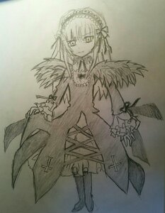 Rating: Safe Score: 0 Tags: 1girl boots detached_collar dress frilled_sleeves frills full_body greyscale hairband image long_hair long_sleeves looking_at_viewer monochrome rose simple_background solo standing suigintou traditional_media white_background wings User: admin