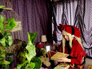 Rating: Safe Score: 0 Tags: 1girl blonde_hair book curtains dress flower long_hair open_book shinku sitting solo window User: admin