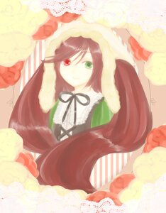 Rating: Safe Score: 0 Tags: 1girl brown_hair dress flower frills green_eyes heterochromia image long_hair long_sleeves looking_at_viewer red_eyes ribbon smile solo suiseiseki very_long_hair User: admin