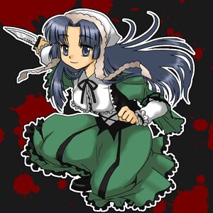 Rating: Safe Score: 0 Tags: 1girl asakura_ryouko blood blood_splatter blue_eyes blue_hair dress frills full_body hat image knife long_hair long_sleeves neck_ribbon ribbon smile solo suiseiseki User: admin