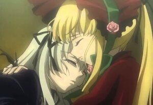 Rating: Safe Score: 0 Tags: 1boy 1girl blonde_hair bonnet closed_eyes flower hair_ribbon image kiss long_hair long_sleeves pair ribbon rose shinku suigintou upper_body User: admin