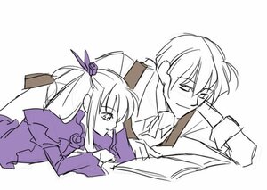 Rating: Safe Score: 0 Tags: 1boy 1girl auto_tagged barasuishou book hair_ornament image long_hair long_sleeves monochrome simple_background solo striped vertical_stripes User: admin