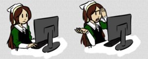 Rating: Safe Score: 0 Tags: 2girls apron brown_hair green_dress hat head_scarf image long_hair maid multiple_girls nurse_cap solo suiseiseki User: admin