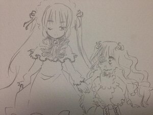 Rating: Safe Score: 0 Tags: 2girls blush dress holding_hands image kirakishou long_hair long_sleeves monochrome multiple_girls pair shinku simple_background traditional_media very_long_hair User: admin
