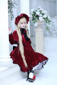 Rating: Safe Score: 0 Tags: 1girl blonde_hair blue_eyes bonnet curtains dress flower lolita_fashion long_hair pantyhose red_dress rose shinku shoes sitting solo standing striped striped_legwear window User: admin