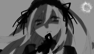 Rating: Safe Score: 0 Tags: 1girl bangs closed_mouth dress eyebrows_visible_through_hair grey_background greyscale hair_between_eyes hair_ribbon hairband image long_hair looking_at_viewer monochrome ribbon simple_background solo suigintou User: admin