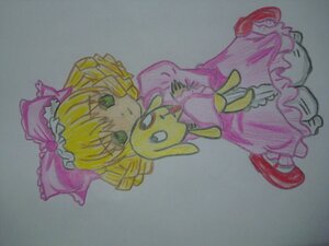 Rating: Safe Score: 0 Tags: 1girl blonde_hair bow dress drill_hair frills full_body green_eyes grey_background hina_ichigo hinaichigo image kneeling pink_bow pink_dress solo traditional_media User: admin