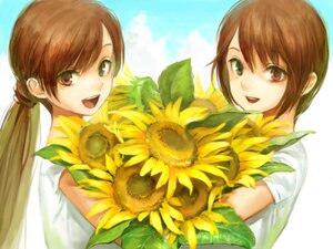 Rating: Safe Score: 0 Tags: 2girls :d bangs bouquet brown_eyes brown_hair day field flower green_eyes heterochromia holding image long_hair looking_at_viewer miya_(foolish_order) multiple_girls open_mouth pair photoshop_(medium) ponytail rozen_maiden short_hair siblings sisters sky smile souseiseki suiseiseki sunflower swept_bangs twins User: admin