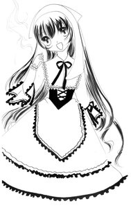 Rating: Safe Score: 0 Tags: 1girl :d dress frills glasses greyscale image long_hair long_sleeves looking_at_viewer monochrome open_mouth simple_background smile solo striped suiseiseki very_long_hair User: admin