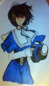 Rating: Safe Score: 0 Tags: 1girl capelet hat hat_removed headwear_removed heterochromia holding holding_clothes image looking_at_viewer red_eyes ribbon short_hair solo souseiseki top_hat traditional_media User: admin