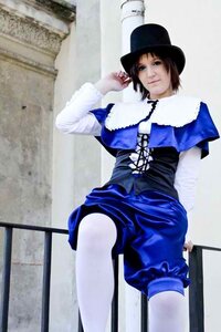 Rating: Safe Score: 0 Tags: 1girl black_hair blue_dress dress hat long_sleeves railing short_hair sitting solo souseiseki top_hat User: admin