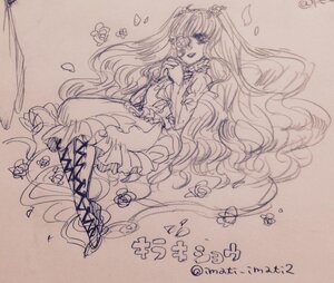 Rating: Safe Score: 0 Tags: 1girl auto_tagged boots bow cross-laced_footwear dress eyepatch flower frills image kirakishou long_hair monochrome petals rose smile solo traditional_media very_long_hair User: admin
