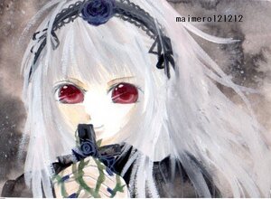 Rating: Safe Score: 0 Tags: 1girl bangs black_flower black_rose blue_flower blue_rose flower hairband image long_hair looking_at_viewer red_eyes ribbon rose smile solo suigintou traditional_media User: admin