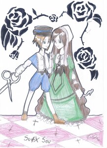 Rating: Safe Score: 0 Tags: 2girls blonde_hair brown_hair checkered checkered_floor dress green_dress green_eyes hat holding_hands image knife long_hair multiple_girls pair short_hair souseiseki suiseiseki traditional_media User: admin