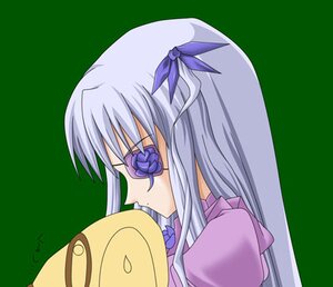 Rating: Safe Score: 0 Tags: 1girl aqua_background barasuishou green_background hair_ornament image long_hair long_sleeves profile puffy_sleeves silver_hair simple_background solo upper_body User: admin