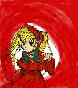 Rating: Safe Score: 0 Tags: 1girl blonde_hair blue_eyes bonnet bow bowtie dress image long_hair long_sleeves looking_at_viewer red_dress red_theme shinku solo twintails User: admin