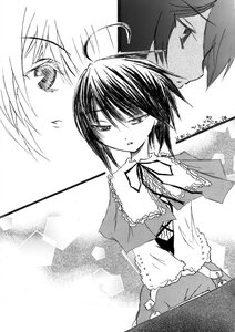 Rating: Safe Score: 0 Tags: 1boy capelet comic greyscale image monochrome nagae_iku ribbon short_hair solo souseiseki User: admin
