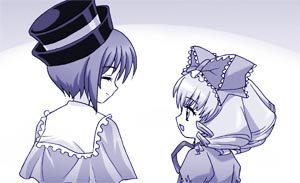 Rating: Safe Score: 0 Tags: 2girls bow capelet closed_eyes frills front_ponytail hair_ribbon hat hinaichigo image kagiyama_hina monochrome multiple_girls nagae_iku open_mouth pair ribbon smile souseiseki User: admin