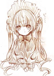 Rating: Safe Score: 0 Tags: 1girl bow bowtie closed_mouth dress eyebrows_visible_through_hair image long_hair looking_at_viewer monochrome pout shinku simple_background sketch solo white_background User: admin