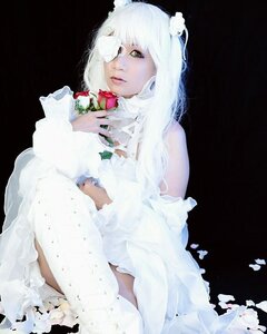 Rating: Safe Score: 0 Tags: 1girl bangs black_background dress flower holding kirakishou lips looking_at_viewer rose sitting solo white_dress white_hair User: admin