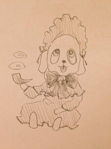 Rating: Safe Score: 0 Tags: apron brown_background dress full_body kunkun monochrome no_humans open_mouth pokemon_(creature) simple_background smile solo standing traditional_media User: admin