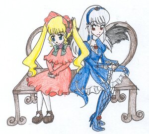 Rating: Safe Score: 0 Tags: 2girls blonde_hair blue_dress blue_eyes blush bonnet bow dress image long_hair long_sleeves marker_(medium) multiple_girls pair pantyhose red_dress red_eyes shinku shoes sidelocks sitting standing suigintou traditional_media twintails v_arms User: admin