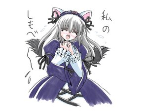 Rating: Safe Score: 0 Tags: 1girl animal_ears blush cat_ears closed_eyes dress eyebrows_visible_through_hair flying_sweatdrops frilled_hairband frilled_sleeves frills hairband image imai_kazunari kemonomimi_mode long_hair long_sleeves nekomimi_mode_(tsukuyomi) open_mouth parody ribbon rozen_maiden silver_hair simple_background solo suigintou tail translated tsukuyomi_moonphase upper_body white_background wings User: admin