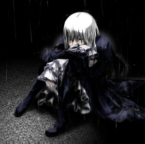 Rating: Safe Score: 0 Tags: 1boy 1girl dark gloves image long_sleeves lowres nekoita pale_skin rain rozen_maiden silver_hair solo standing suigintou wet User: admin