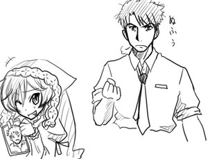 Rating: Safe Score: 0 Tags: 1boy 1girl auto_tagged blush greyscale image long_sleeves monochrome necktie one_eye_closed smile solo striped suiseiseki upper_body white_background User: admin