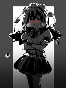Rating: Safe Score: 0 Tags: 1girl belt black_hair blush hat image looking_at_viewer monochrome red_eyes series:touhou shameimaru_aya short_hair skirt smile solo tokin_hat User: admin