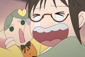 Rating: Safe Score: 0 Tags: >_< bow brown_hair closed_eyes glasses green_eyes green_hair image kanaria kusabue_mitsu multiple_girls open_mouth solo User: admin