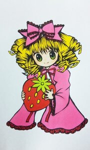 Rating: Safe Score: 0 Tags: 1girl auto_tagged blonde_hair blue_background bow dress drill_hair food fruit full_body green_eyes hina_ichigo hinaichigo holding holding_fruit image long_sleeves looking_at_viewer object_namesake pink_bow pink_dress simple_background smile solo standing User: admin