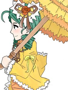 Rating: Safe Score: 0 Tags: 1girl ahoge blush flower from_side fur_trim green_eyes green_hair hair_flower hair_ornament image kanaria long_sleeves profile rose short_hair smile solo white_background User: admin