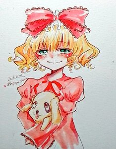 Rating: Safe Score: 0 Tags: 1girl blonde_hair blush bow closed_mouth dated dress eyebrows_visible_through_hair frills green_eyes hina_ichigo hinaichigo image looking_at_viewer marker_(medium) medicine_melancholy puffy_short_sleeves puffy_sleeves short_hair short_sleeves smile solo stuffed_animal traditional_media twitter_username wavy_hair User: admin