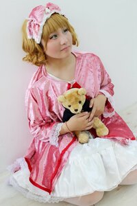Rating: Safe Score: 0 Tags: 1girl animal blonde_hair blue_eyes bow bracelet dress hinaichigo jewelry lips photo realistic skirt solo striped stuffed_animal vertical_stripes User: admin