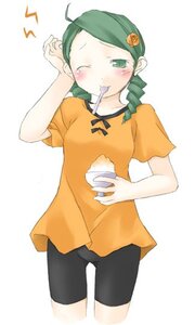 Rating: Safe Score: 0 Tags: 1girl ahoge bangs bike_shorts blush cowboy_shot food green_eyes green_hair hair_ornament image kanaria mouth_hold orange_shirt shirt short_sleeves simple_background solo standing t-shirt toothbrush white_background User: admin