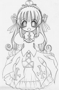 Rating: Safe Score: 0 Tags: 1girl :d blush dress frills greyscale image jewelry long_hair long_sleeves looking_at_viewer monochrome necklace open_mouth simple_background smile solo standing suigintou traditional_media User: admin