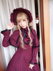 Rating: Safe Score: 0 Tags: 1girl bangs blonde_hair blue_eyes bonnet curtains dress flower frills lips long_hair long_sleeves looking_at_viewer red_dress rose shinku solo User: admin