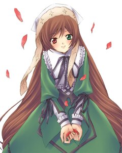 Rating: Safe Score: 0 Tags: 1girl bad_id bad_pixiv_id bangs blush brown_hair dress frills green_dress green_eyes head_scarf heterochromia hijiki_(hijikini) image long_hair long_sleeves looking_at_viewer petals red_eyes rozen_maiden simple_background smile solo suiseiseki very_long_hair white_background User: admin