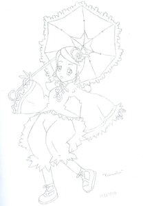 Rating: Safe Score: 0 Tags: 1girl bow dress drill_hair frills full_body hair_ornament holding_umbrella image kanaria long_sleeves monochrome parasol solo standing striped twin_drills umbrella white_background User: admin