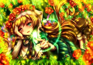 Rating: Safe Score: 0 Tags: 1girl :d blonde_hair blush dress flower green_dress green_eyes heterochromia image long_hair lying open_mouth red_eyes red_flower red_rose rose smile solo suiseiseki very_long_hair yellow_flower User: admin