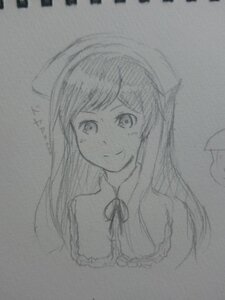 Rating: Safe Score: 0 Tags: 1girl artist_name graphite_(medium) greyscale hat image long_hair looking_at_viewer monochrome photo ribbon sketch smile solo suiseiseki traditional_media User: admin